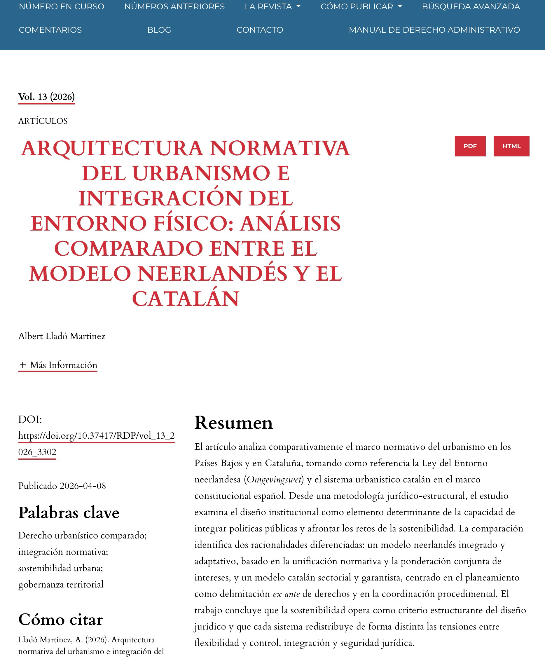 Coberta: Arquitectura normativa del urbanismo e integración del entorno físico: análisis comparado entre el modelo neerlandés y el catalán
